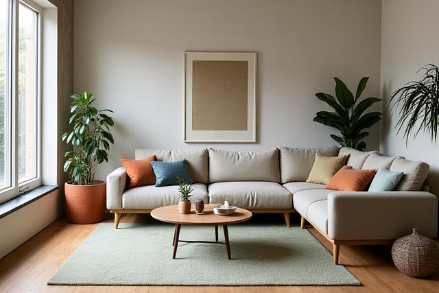 Moderne Nordic design stue med møbler fra Søyleblomst og teppe i naturlige farger