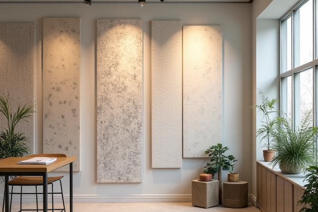 Del av showroom som viser en miljøvennlig tapetkolleksjon på veggen