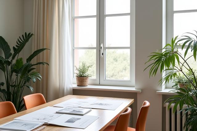 Interiør fra et lyst og moderne designstudio hos Søyleblomst, med naturlige materialer og grønne planter.
