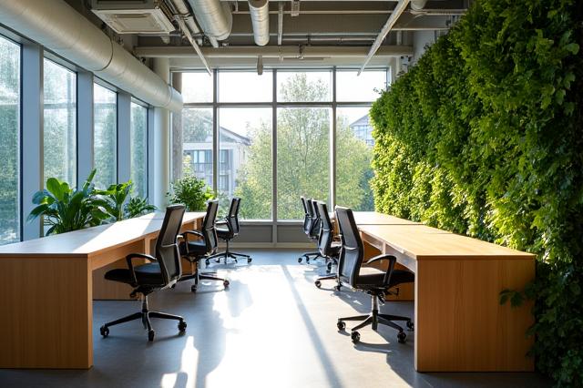 Bærekraftig kontorinteriør med naturlig lys, grønne vegger og ergonomiske møbler.