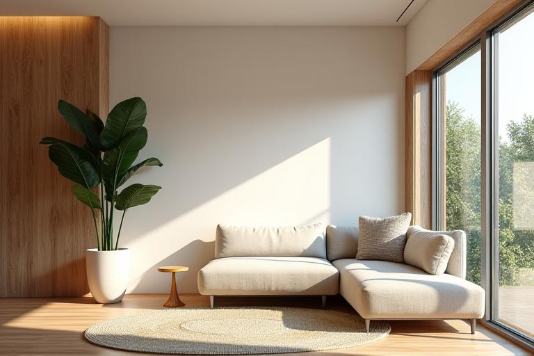 Moderne åpent interiør med naturlige materialer og grønne planter.