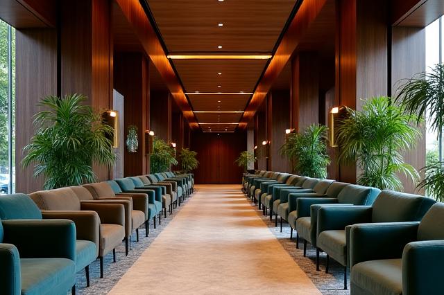 Elegant hotellobby i Bergen med grønne planter og komfortable sittegrupper.
