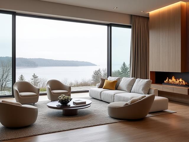 Luksuriøs villa stue i Asker med store vinduer og designmøbler.